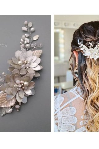 Tocado Berna XL : Bouquet Floral de Porcelana, Cristal y Perlas para Novias y Eventos