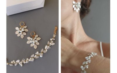 Conjunto Aros y Pulsera de Hojitas Nacaradas con Perlas | Trihada Novias