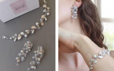 Conjunto de Joyas para Novias: Aros Cascada de Perlas y Pulsera Hojitas de Nácar | Trihada