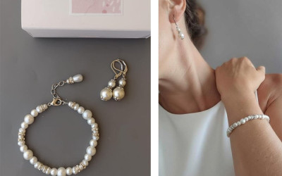 Conjunto pulsera de perlas y aros